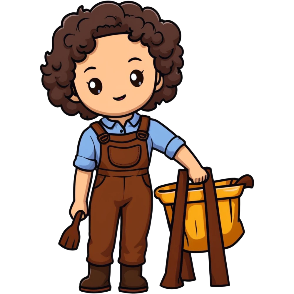 white girl with dark brown curly hair, brown eyes, wearing farm clothes emoji