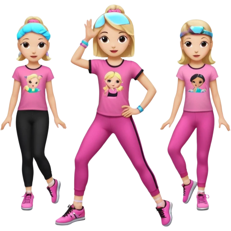 Hiphop dancer, with cute big pants, sneakers, and t-shirt. White girl blond. Coloufull shirt. No pocket pants. Dancing. Pink and black plain outfit. No sweatbands on the wrist, black music box behind her. Ballerina pose. with dancing kids behind her emoji
