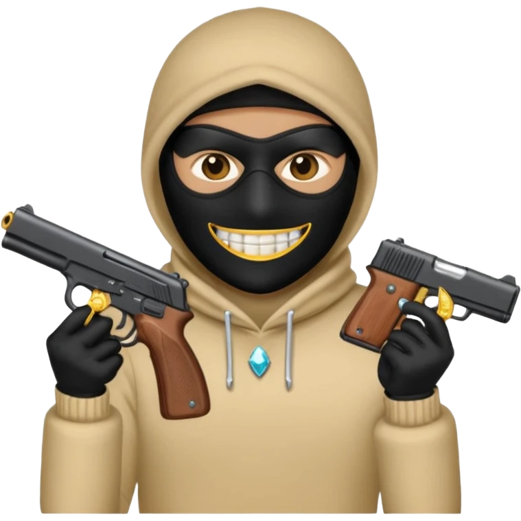 emoji with diamond grillz and black ski mask on with a gun emoji
