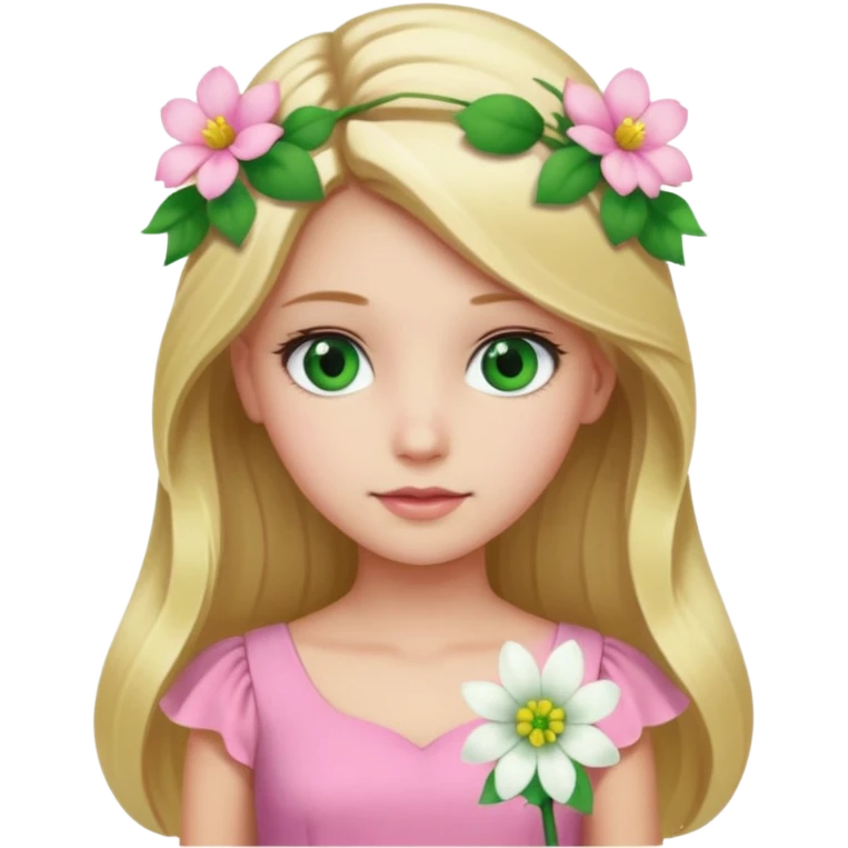 Girl profile picture with long blonde hair and green eyes and a flower in her hair. and a pink outfit emoji