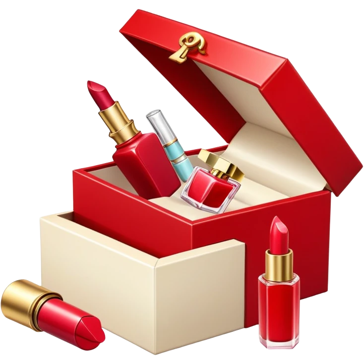 an open gift box with lipstick, cream jar, and perfume bottle spilling out emoji