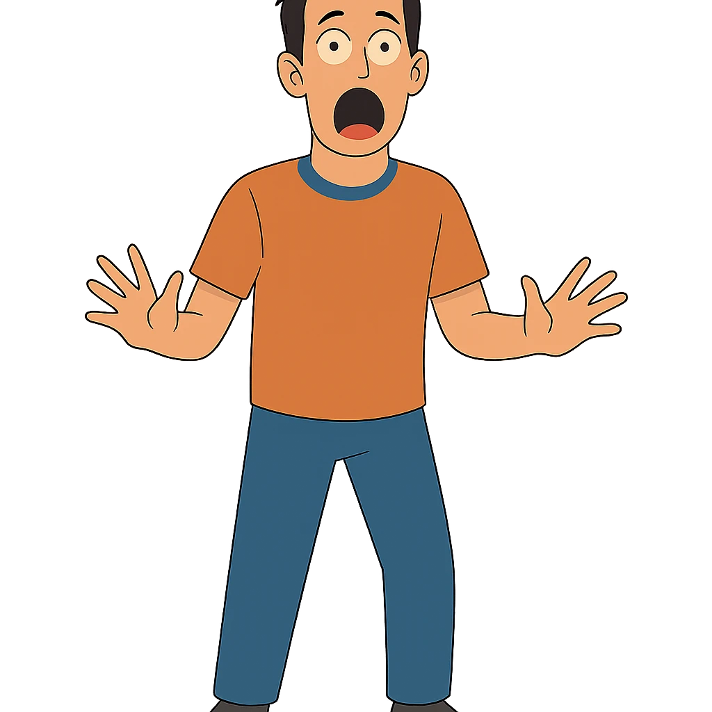 Create a full body shocked male character with mouth agape in the same modern illustration style as the reference image, maintaining a transparent background. emoji