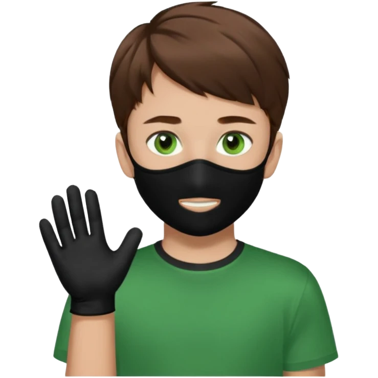 Chico de pelo marrón y ojos verdes. Con un cubre bocas negro, que tiene una camisa verde por encima de una remera blanca, y tiene un guante negro en una sola de las manos. emoji