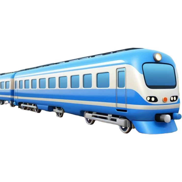 A 3D cartoon passenger train with blue carriages and visible windows, moving through countryside, Memoji-style. emoji