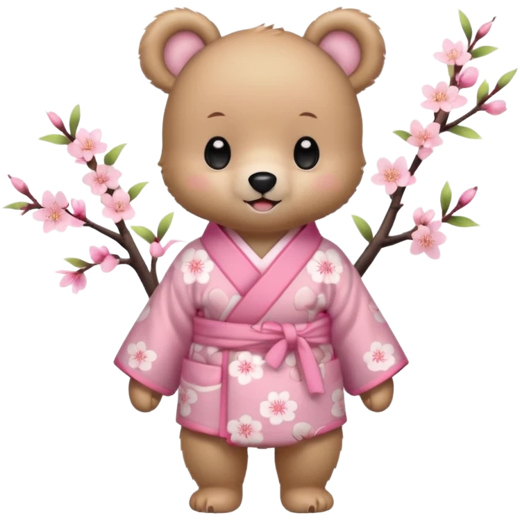 A cute baby bear character in pastel style, standing upright like a human. 
Light brown soft fur, large round ears, rounded paws and feet. 
Big cute black dot eyes, medium blush cheeks, and a tiny smiling mouth. 
Wearing a pink kimono with soft cherry blossom patterns on the sleeves and bottom,  emoji