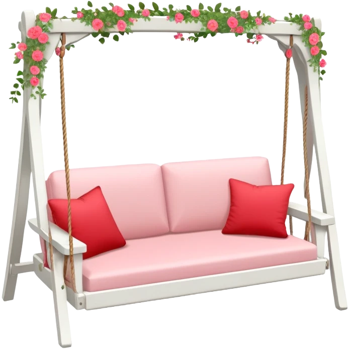 Romantic white wooden pastel-red cushions couch-swing with tiny flowers around emoji