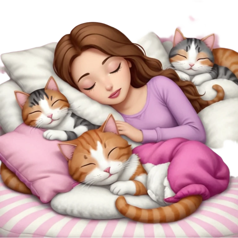 girl with long wavy brown hair, brown eyes, long lashes makeup, sexy pink lips, light to medium complexion,  sleeping on a cozy pillow, with 6 cats: 1 brown and white tabby cat, 1 ginger and white, 2 grey and white, 1 grey with white mittens and small white patch on chest and 1 calico, sleeping emoji