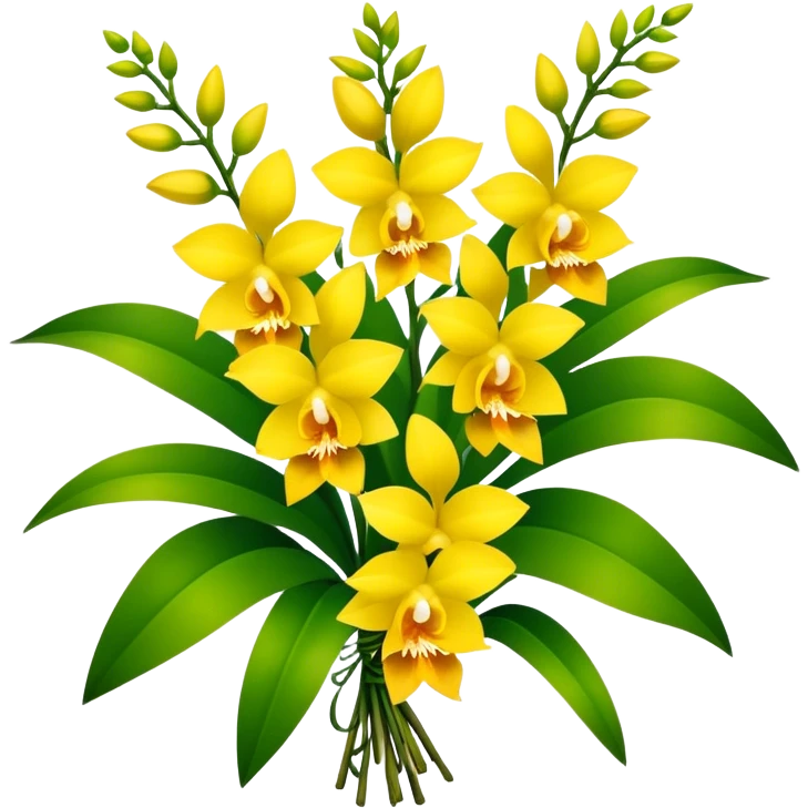 big bouquet yellow Dendrobium Orchid, stem, leaf emoji