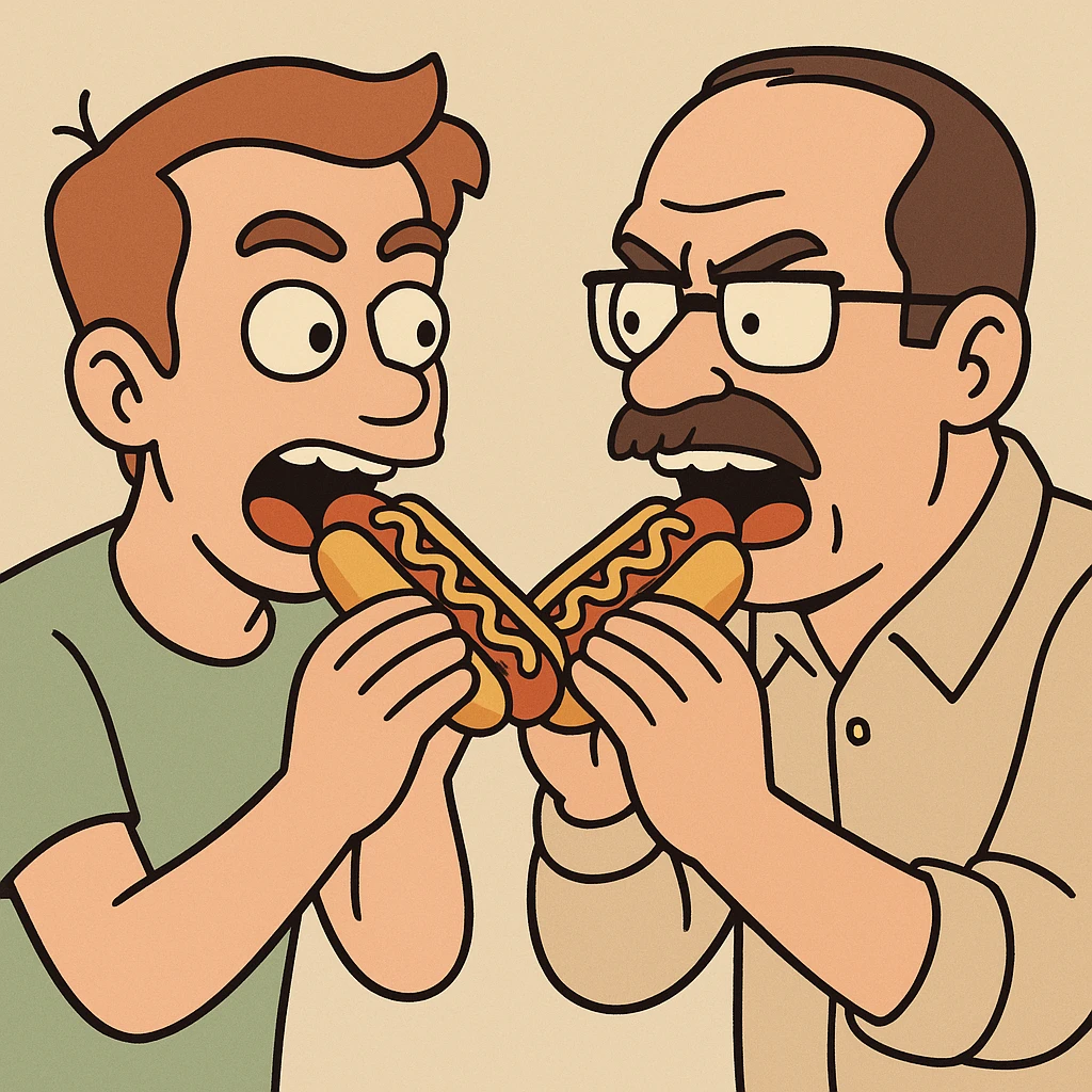 two men eating a hot dog face to face, cartoon style emoji
