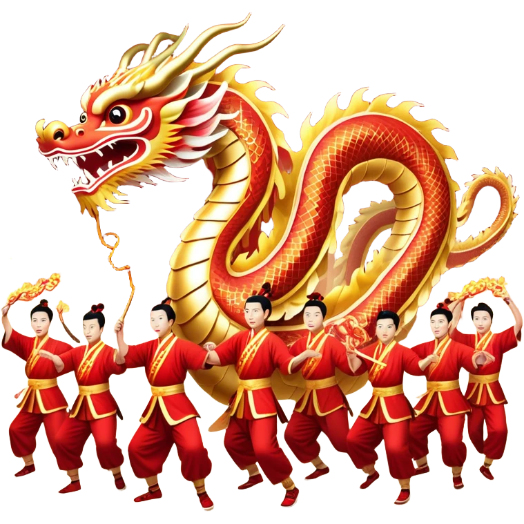 Cinematic Realistic scene of a Chinese Dragon Dance featuring performers energetically holding a vibrant dragon model aloft, with intricately detailed scales and dynamic flowing costumes, illuminated by festive red and gold lighting that captures the spirit of celebration. emoji