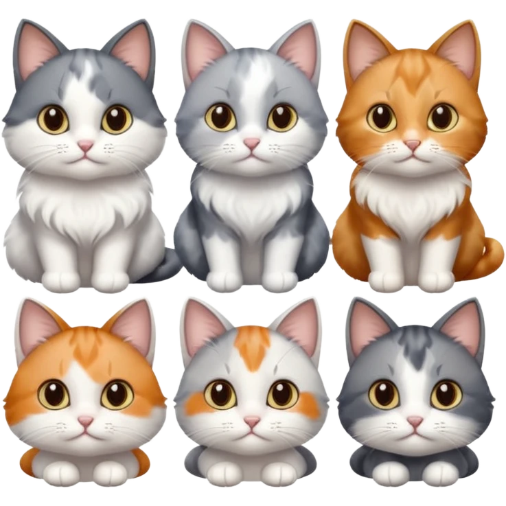 6 realistic looking cats with different natural coloured coats, assorted grey and white, greys, calico, brown and white colours etc
 emoji