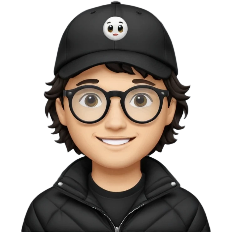 Young man wearing a black puffer jacket, black baseball cap, round black glasses, wavy hair peeking out from under the cap, smiling
 emoji