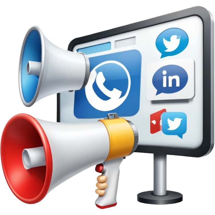 An icon featuring a megaphone, a billboard, and social media icons, symbolizing advertising and public relations. The design includes a press release and a rising graph, representing brand promotion and communication strategies. Transparent background highlights media influence and outreach. emoji