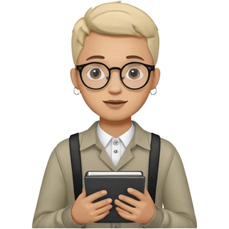 A man in his 20s wearing an apnotebook, wearing radio earrings, round glasses, achromatic clothes emoji