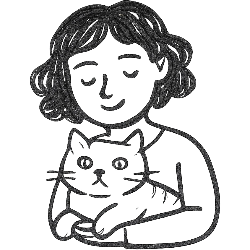 wavy black haired girl with a short haitcut holding a british cat emoji