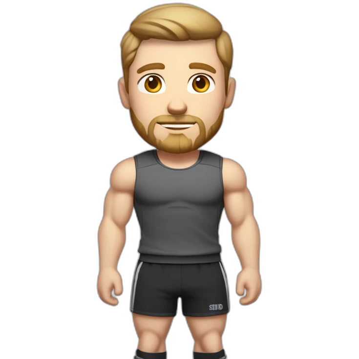 Full height Pale skinned fit man With biceps, Realistic eyes and mouth, light brown hair and stubble In dark gray sleeveless mike, black oversize sports shorts, watch and white sneakers. emoji