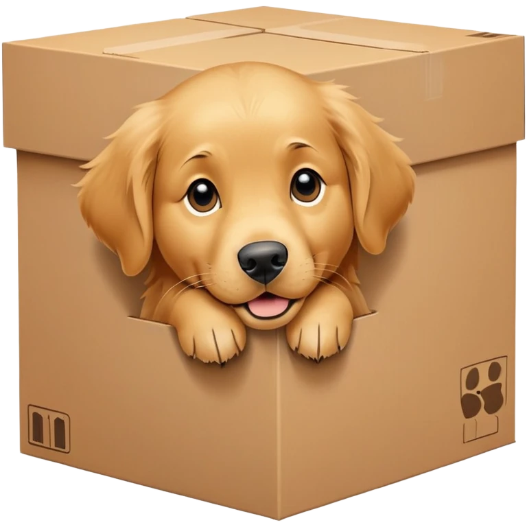  A very cute young Golden Retriever  with one's head tilted to one side poked its paws out of the cardboard big box and placed them on top of it emoji