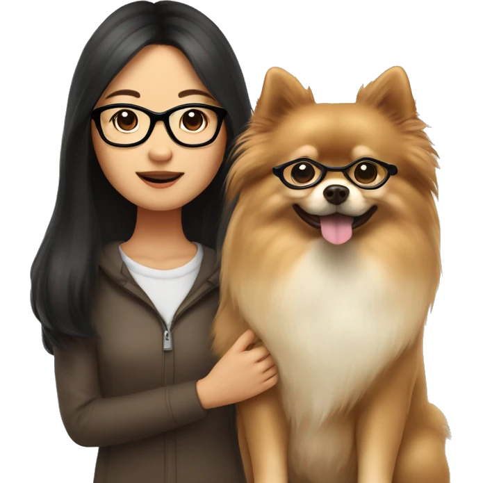 asian girl with long dark brown hair, glasses with thin frameholding a beige Pomeranian dog emoji