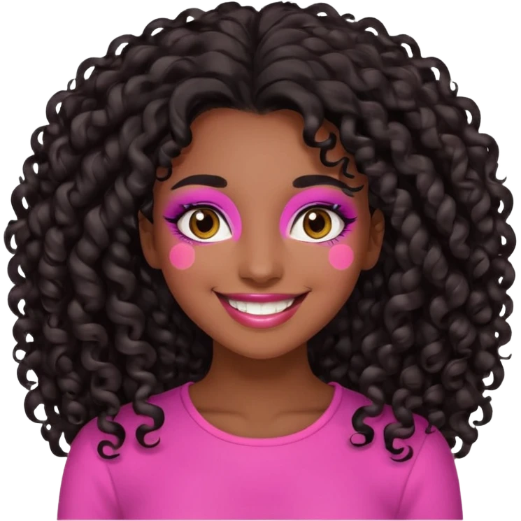 emoji of a cheerful young woman with dark brown skin, long abundant curly black hair, brown eyes, pink-toned makeup, smiling expression emoji