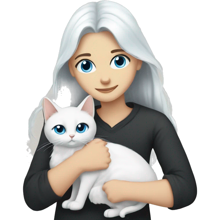 a guy with long dark hair and blue eyes and a girl with long white hair and brown eyes hug a white cat with black ears and blue eyes emoji