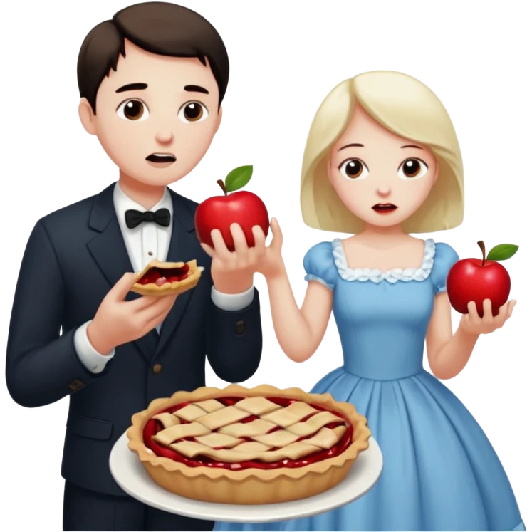 Sad man eats a pie. While his sister throws his dress on the apple emoji