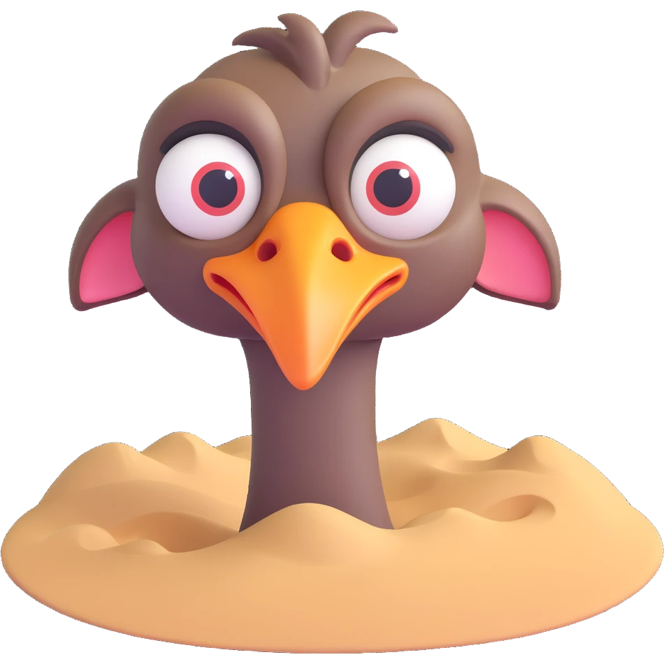 cartoon ostrich with head in sand, expressive eyes emoji
