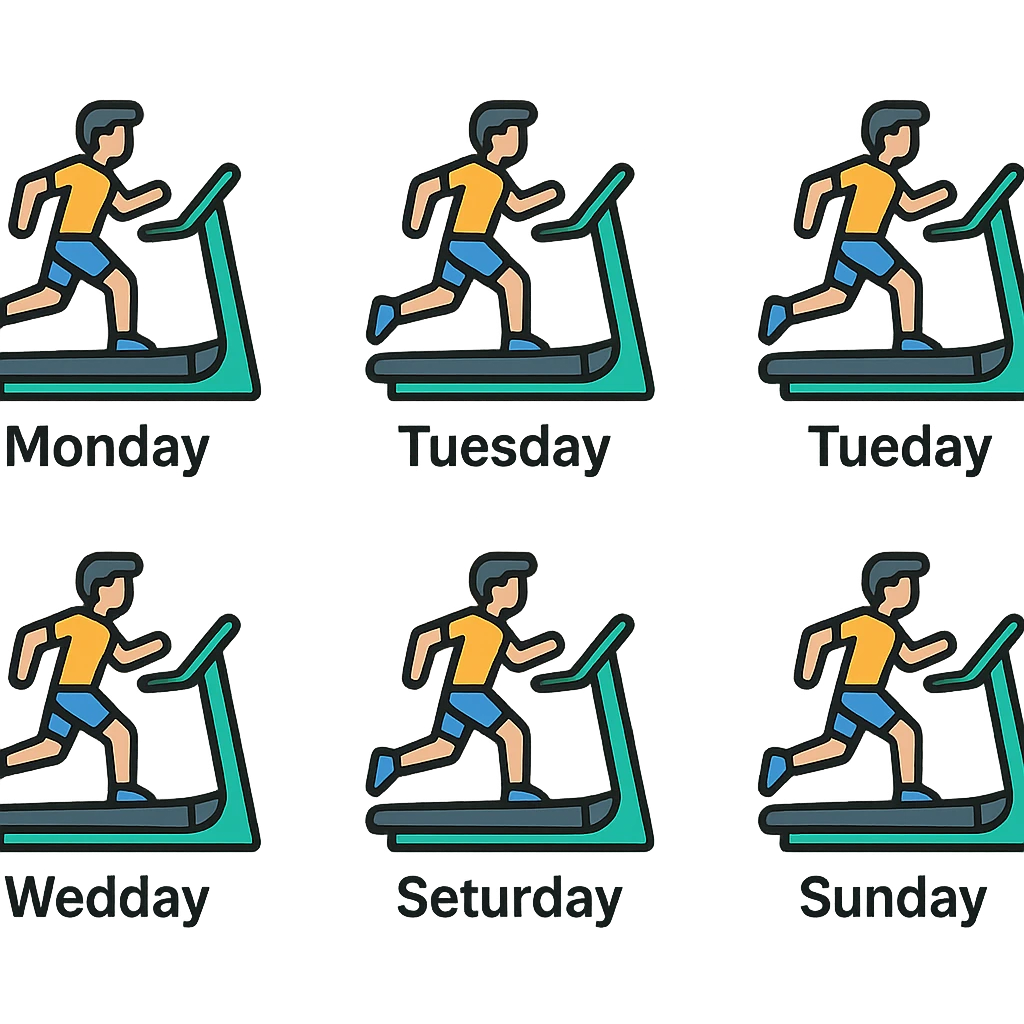 A picture is into seven parts showing a sportsman runnig on the treadmill. In each little picture there is a name of the days of the week, from monday to sunday emoji