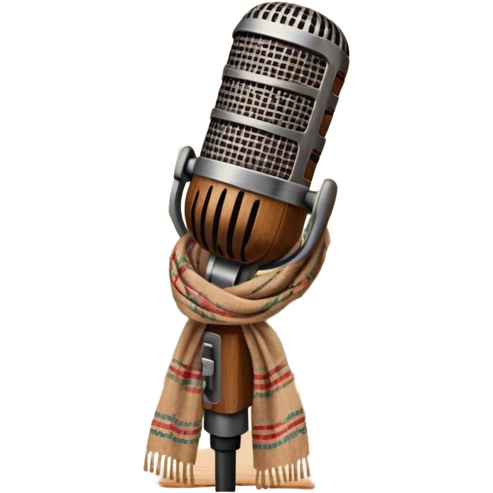 Create a traditional and warm emoji representing folk singing, using a humanless collage. The design should feature a rustic wooden microphone or an old-fashioned folk instrument like a balalaika, gusli, or a domra, placed alongside traditional elements such as a hand-woven scarf or a wooden flute. Include natural, earthy details like wildflowers, musical notes, and rustic textures, evoking the feeling of folk music in its purest form. Use warm, earthy colors like brown, gold, red, and green to create a cozy and organic vibe. The background should be transparent. emoji