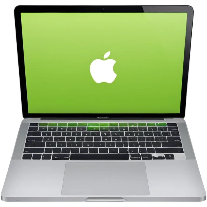 A macbook laptop front facing with its screen showing lime green screen. emoji