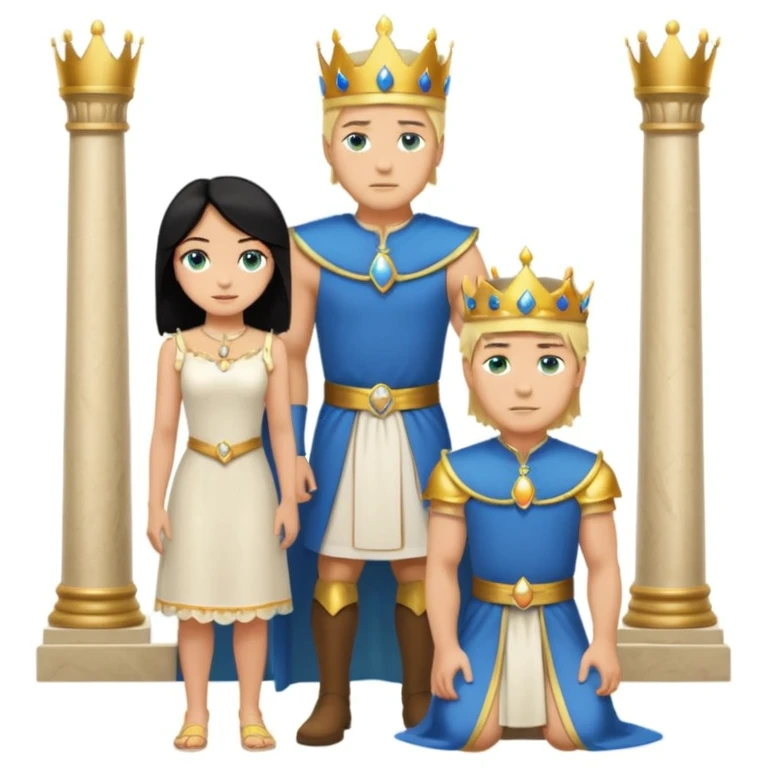 Man as king, standing, black Hair, blue eyes, female Servoamt, blonde, green eyes, shott white sleveless Dress, kneeling, background palace emoji