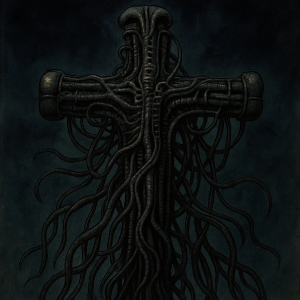 a cross in the style of H.R. Giger, with organic biomechanical wires and cables, dark and surreal emoji