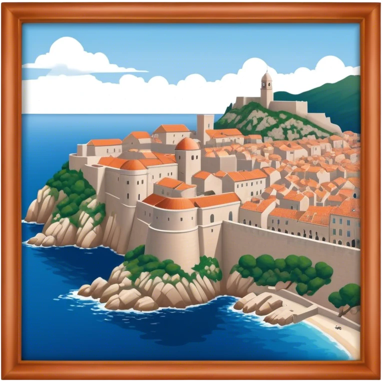 Cinematic Realistic Dubrovnik Landmark Emoji, showcasing the historic walled city with its terracotta rooftops, stone fortifications, and the deep blue Adriatic Sea stretching beyond. emoji