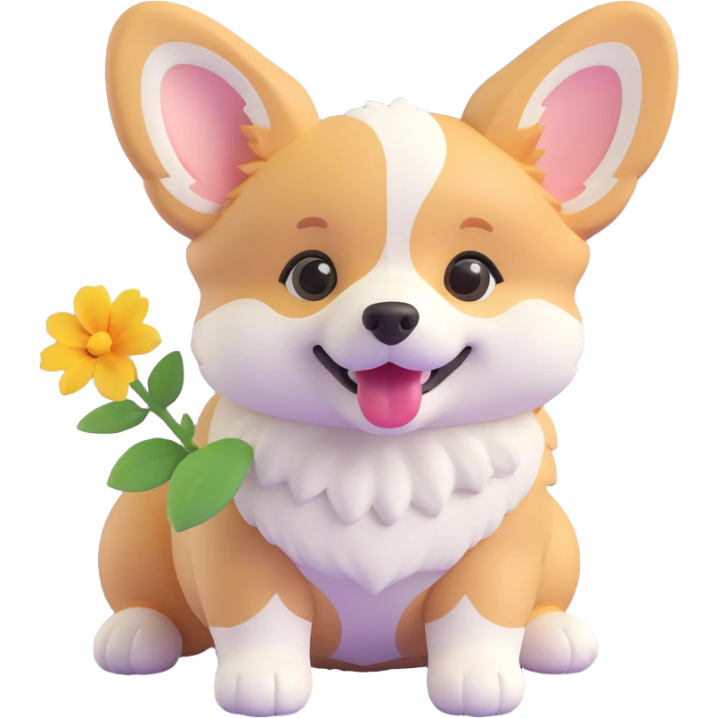 small cute corgi puppy with flower, playful expression, fluffy fur emoji