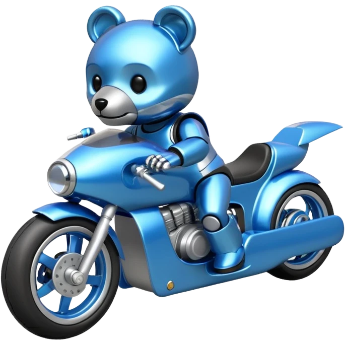  Metallic blue and lightly chrome-accented  kid-sized race car for furry scary robot teddy bear with custom aero body and rear wing and motorcycle-sized wheels  emoji