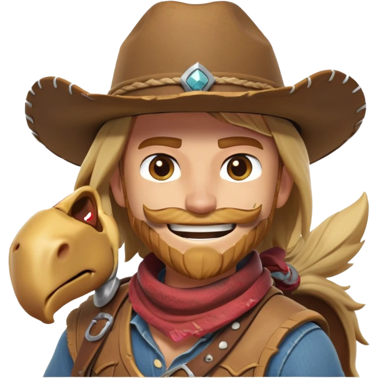 clash-of-clans-aesthetic_-cinematic-playful-cowboy-portrait-emoji, head-tilted with a roguish, cheeky grin and twinkling eyes, featuring a rugged, spirited build with a wide-brimmed cowboy hat and a weathered bandana on tan skin, riding a powerful galloping horse with dynamic flowing mane, reins gripped firmly in one hand and a lasso in the other, as dust swirls behind them in a vast desert landscape. emoji