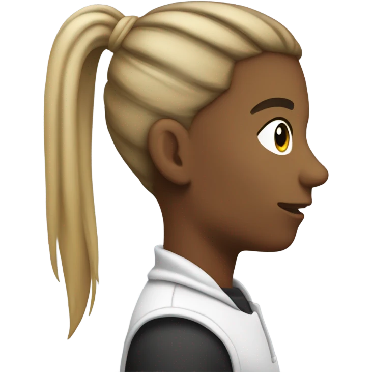 A photo of a white emoji side view with a pony tail that’s half white and half black on the top with a black cheek   emoji