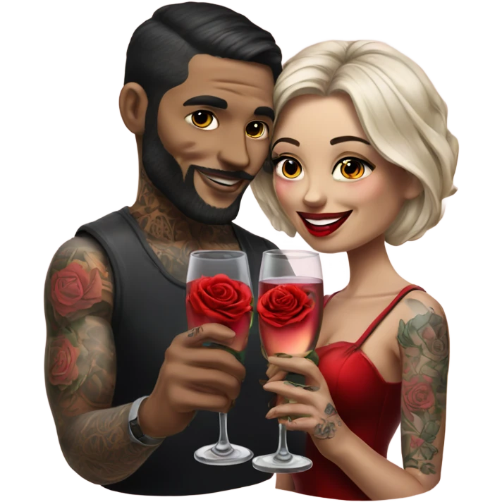 Hyper Realistic tattooed couple drinking champagne with red roses  emoji