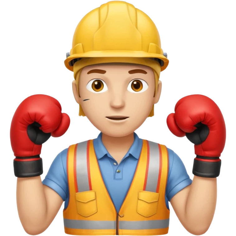 friendly construction worker with yellow helmet and red boxing gloves, clear facial expression emoji