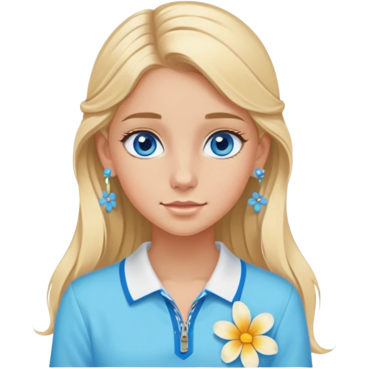 preppy coastal teen girl with blue eyes, beach blonde hair, tan skin, small flowers in her ear, preppy beach outfit emoji