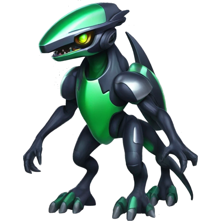 a shiny black-green Genesect-Raptor-Fakémon—hybrid with a futuristic visor-helmet full body emoji
