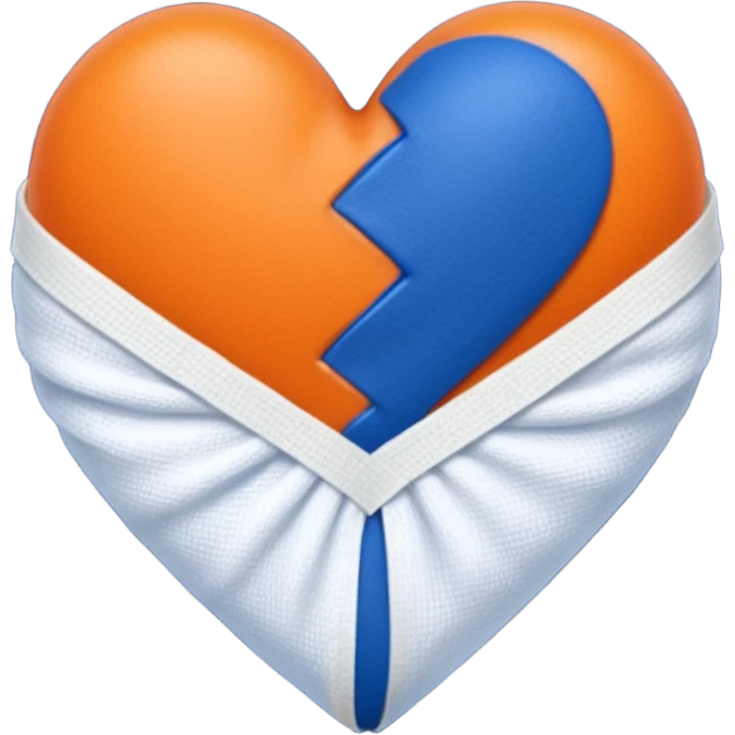 Half dark blue half orange heart split vertically, a white gauze bandage wrapped around the entire heart emoji