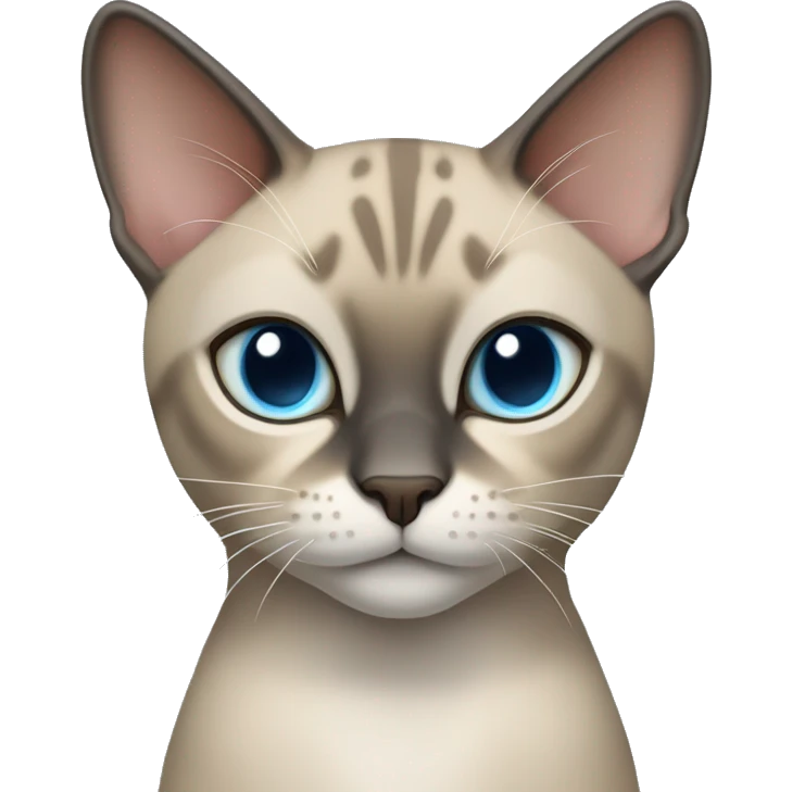 Thai breed cat with a light cream-brown body, dark gray face, ears, and paws. Short fur, sharp ears, and striking light blue eyes with an intense gaze. emoji