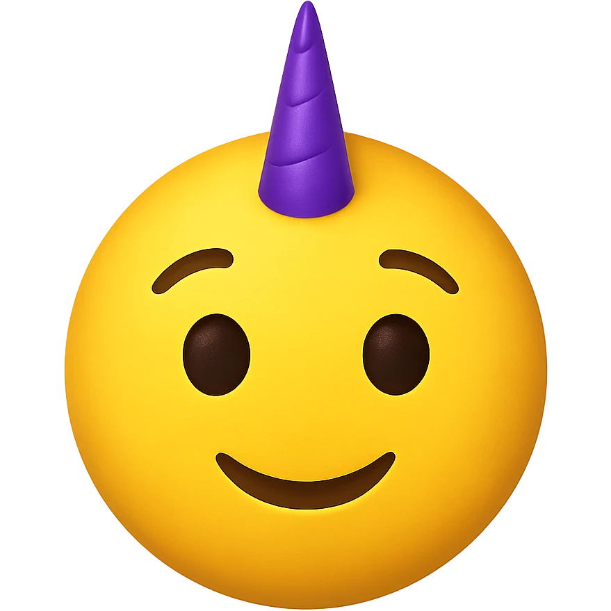 yellow face with purple unicorn horn emoji, digital illustration emoji