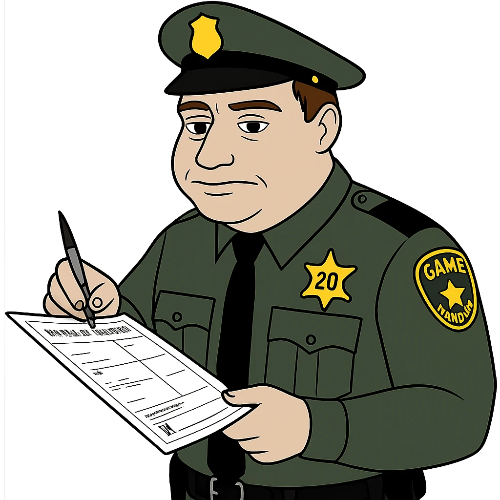 Make the game warden a white male with brown hair, writing a ticket for a wildlife law infraction, no background, keep the bufo frog meme style look. emoji