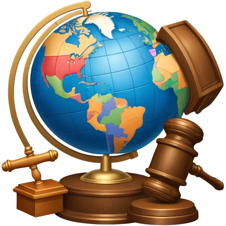 An icon featuring a globe with a gavel and a political map, symbolizing political science. The design includes a ballot box and a podium, representing democracy and governance. Transparent background highlights the study of political systems and global relations. emoji