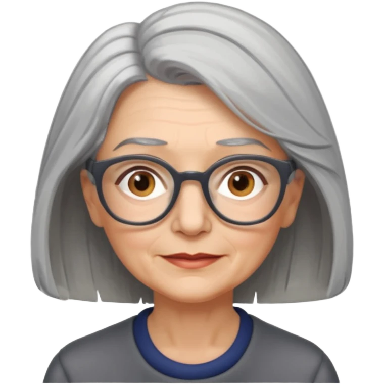 Older woman with shoulder length partial grey hair wearing glasses hazel eyes emoji