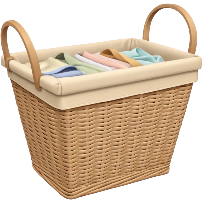 wicker laundry basket with light pastel fabrics visible emoji