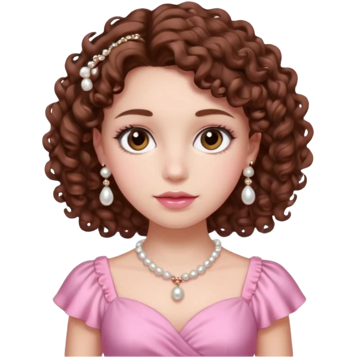 A girl with a brown curly hair and beautiful brown eyes and white skin and pink dress with pearl jewelry emoji
