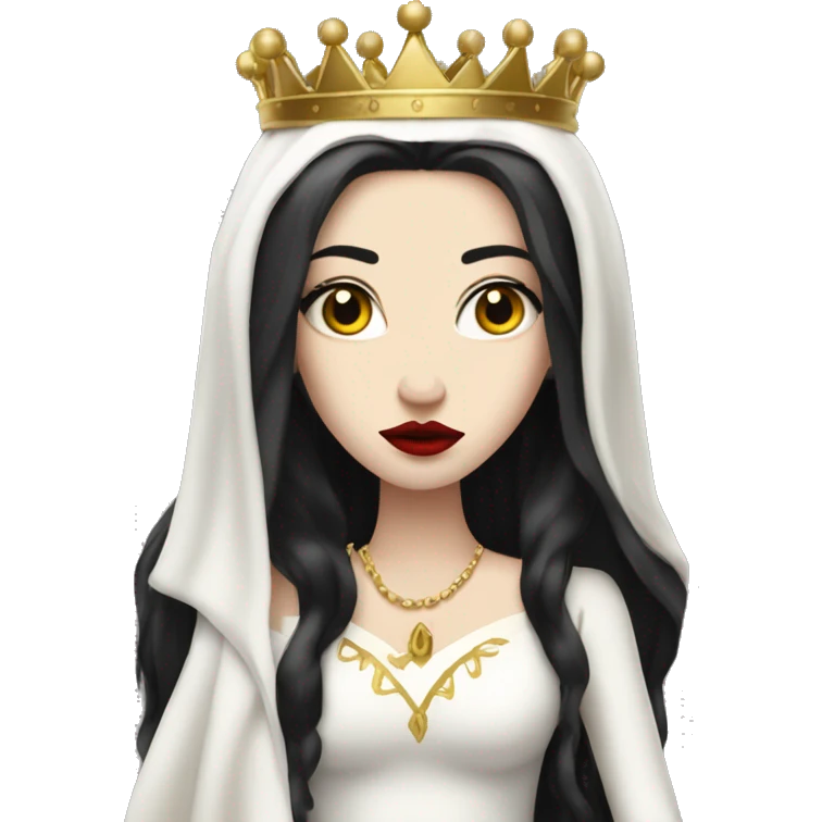 Queen with pale skin, long black hair, bright red lips, skinny gold crown, white dress, and evil stare.  emoji