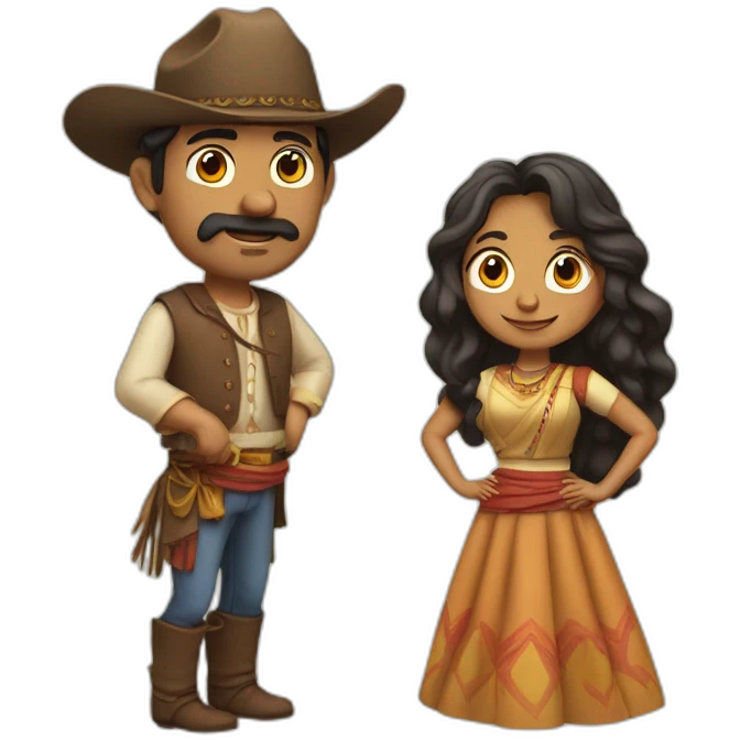 Indian woman with wavy hair and a folded skirt filming a western man emoji